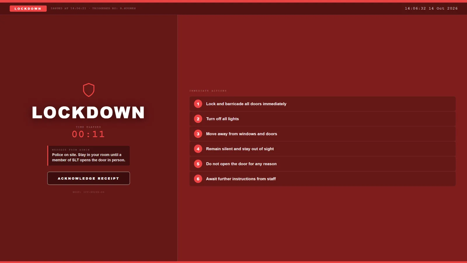 A classroom PC taken over by the full-screen Signal 7 lockdown alert: a red screen reading LOCKDOWN with an elapsed timer, the message from the person who raised it, and one large button to confirm the room is safe.