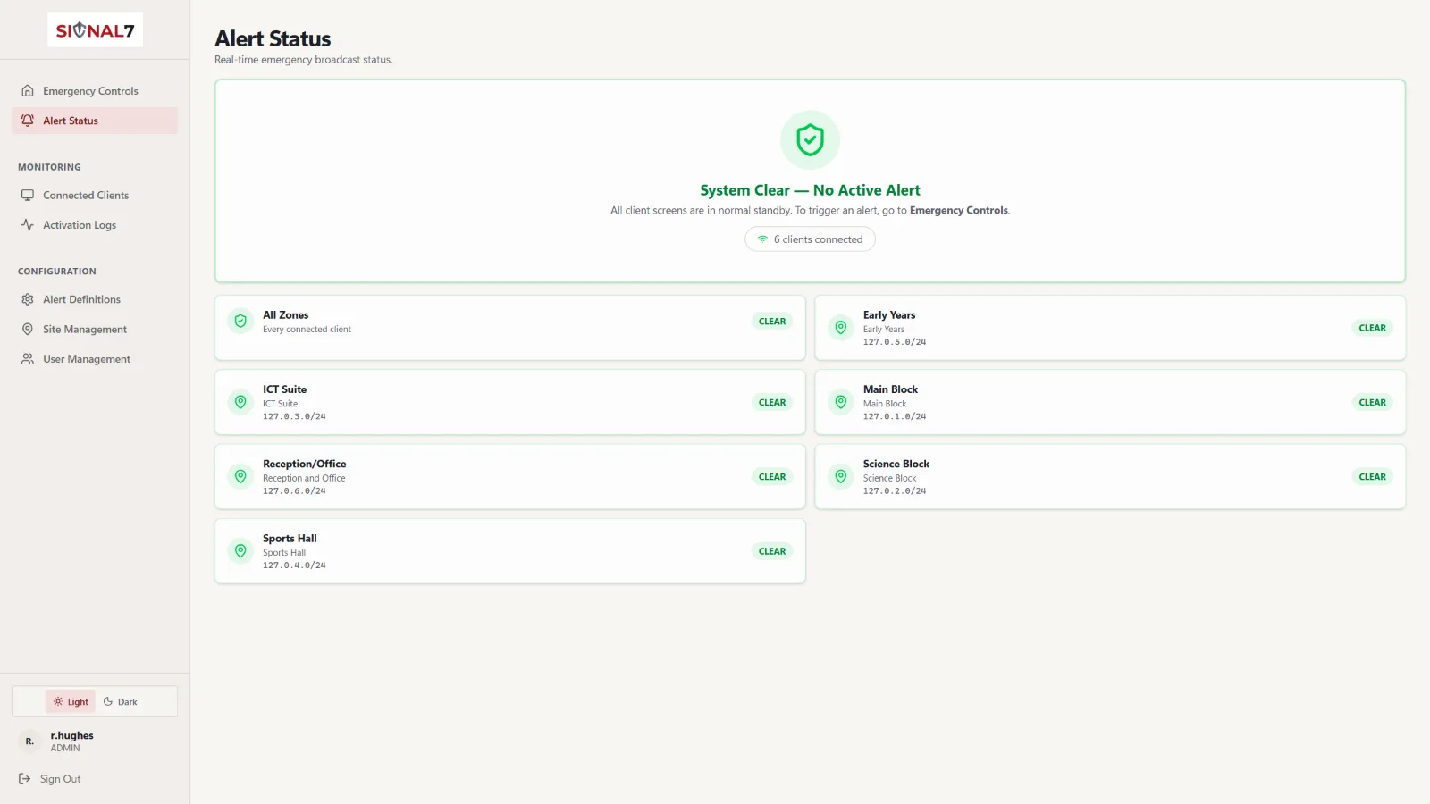 The Signal 7 Alert Status screen on a normal day: a green System Clear — No Active Alert panel saying all client screens are in normal standby, with six classroom PCs connected.