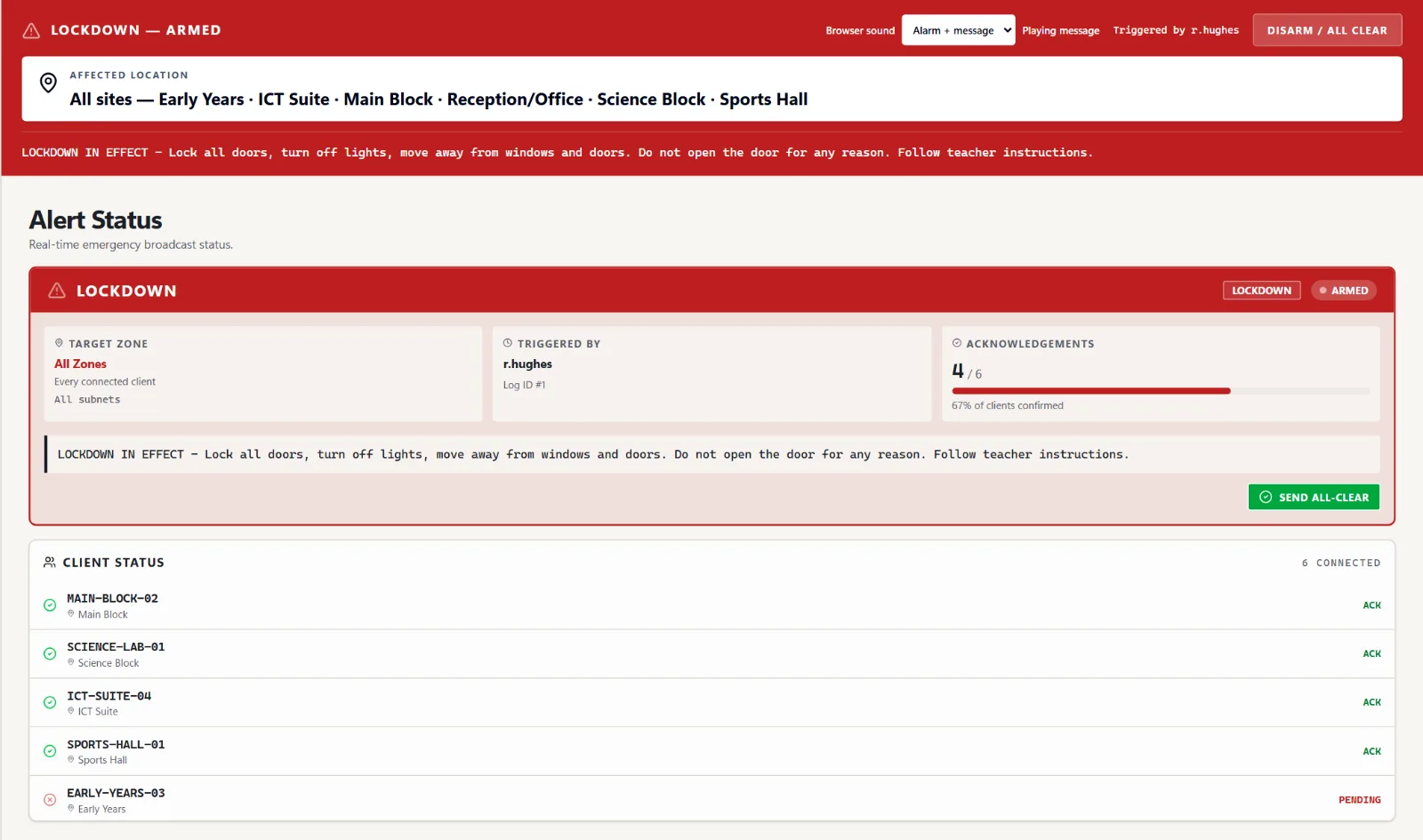 A close view of the Signal 7 dashboard during a live lockdown: a red LOCKDOWN bar marked ARMED, and beneath it the acknowledgements count reading 4 of 6, with a progress bar and the words 67% of clients confirmed.
